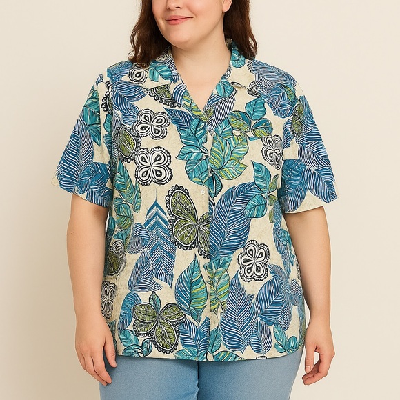 White Stag Tops - 316. 🐣 White Stag Floral Leaf Shirt 3X Teal Green Tan Button-Up Top Short Sleeve